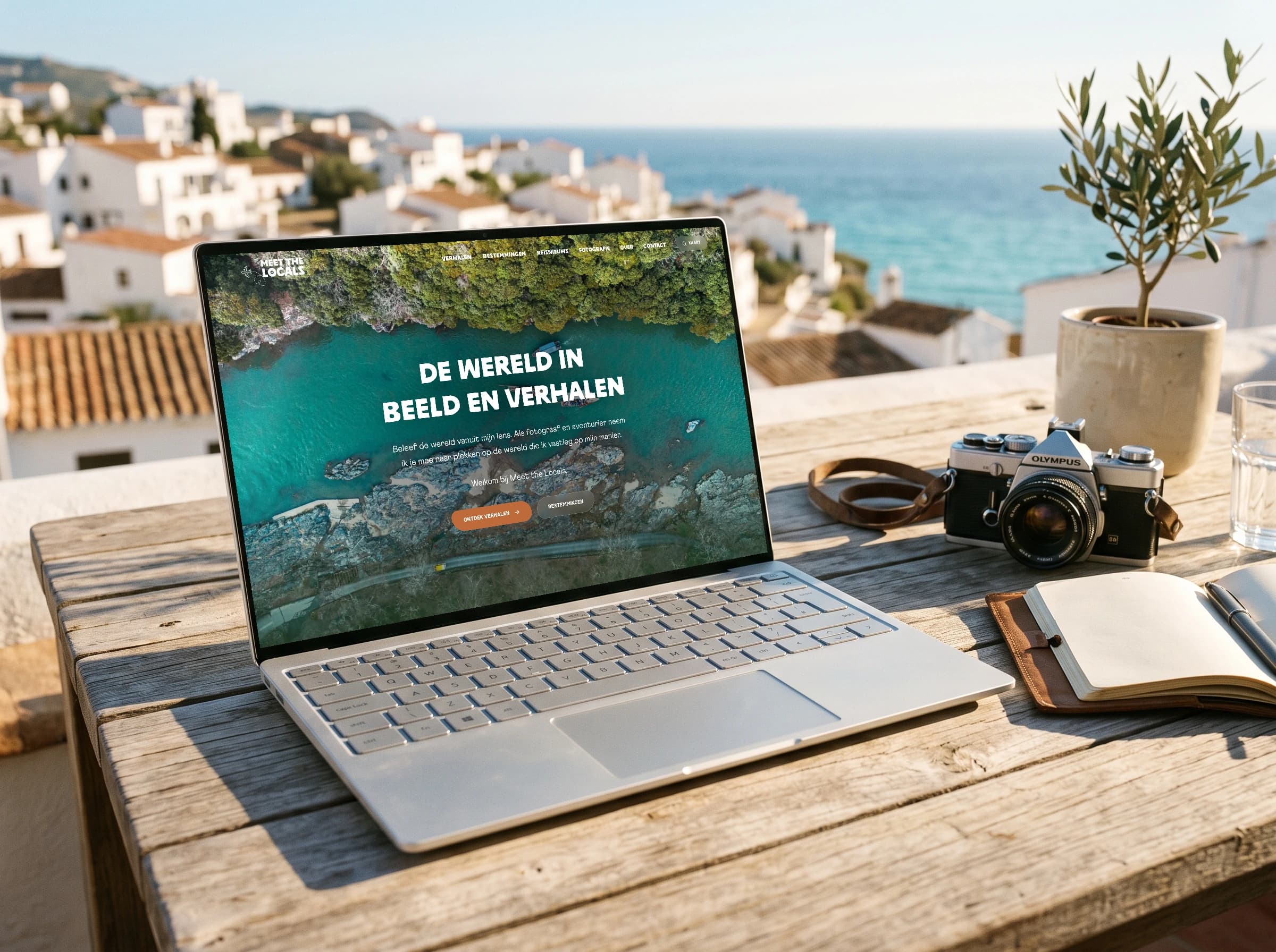 De homepage van Meet the Locals op een laptop op een terras aan zee